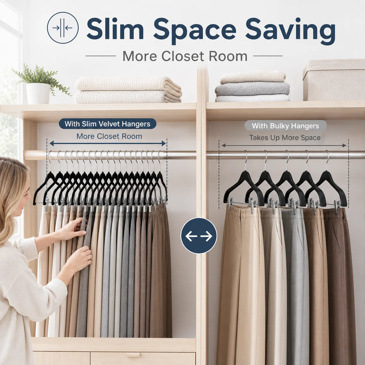 A woman is hanging velvet trousers on hangers, demonstrating slim space saving in a closet room.