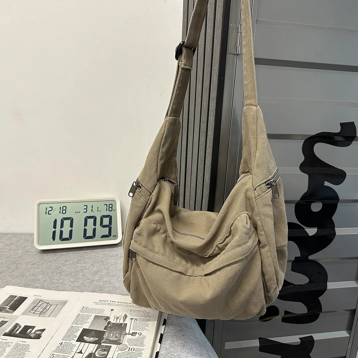 Cotton Canvas Crossbody Bag with Large Capacity