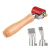 A hand tool with a wooden handle and a red roller for welding and waterproofing applications.