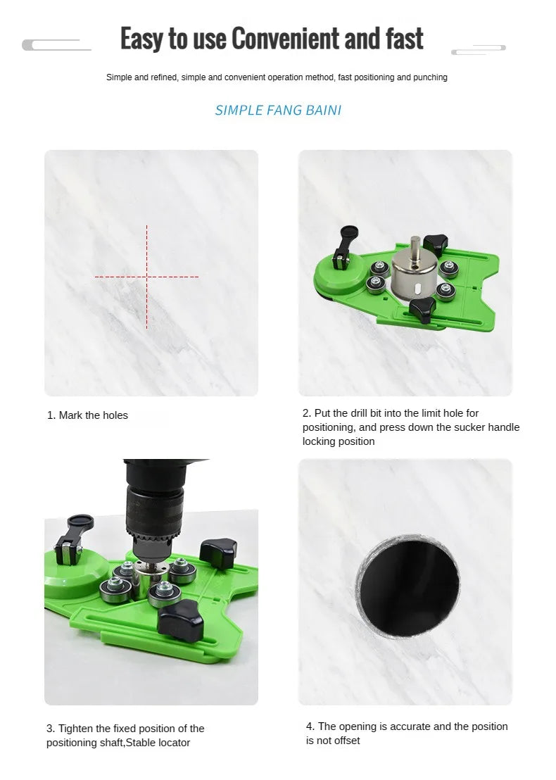 A four-step guide showing how to use a precision diamond hole saw kit with suction cup guide for marking, positioning, and ti