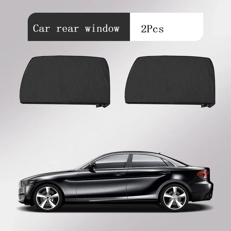 Two black car rear window mesh sun shade covers shown next to a black sedan.