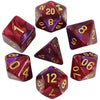 A set of seven polyhedral dice in various colors and angles for role-playing games