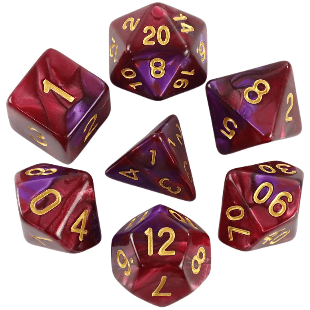 A set of seven polyhedral dice in various colors and angles for role-playing games
