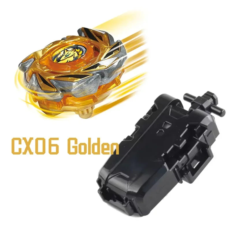 Golden Beyblade Burst CX06 Metal Fighting Top with launcher in a black plastic casing