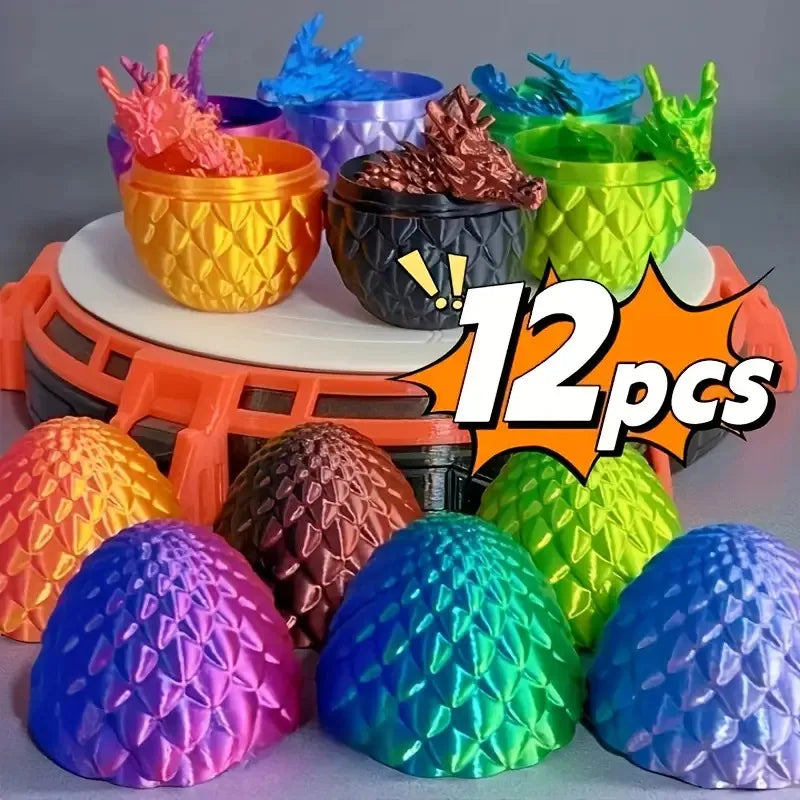 A set of twelve colorful 3D printed dragon and egg sculptures in various shades of orange, green, purple, and pink.