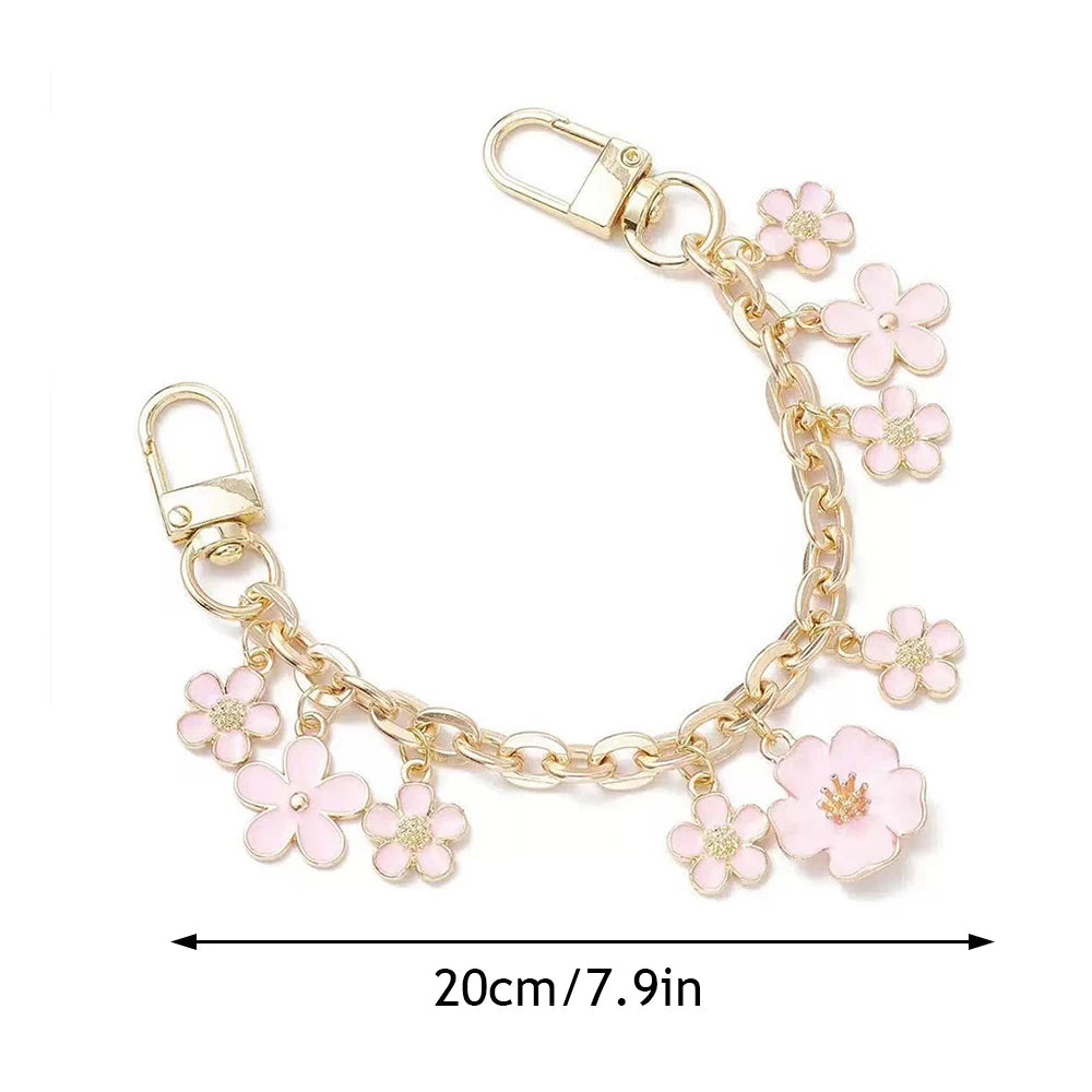 Cherry Blossom Bow Enamel Bag Chain with Heart Charms