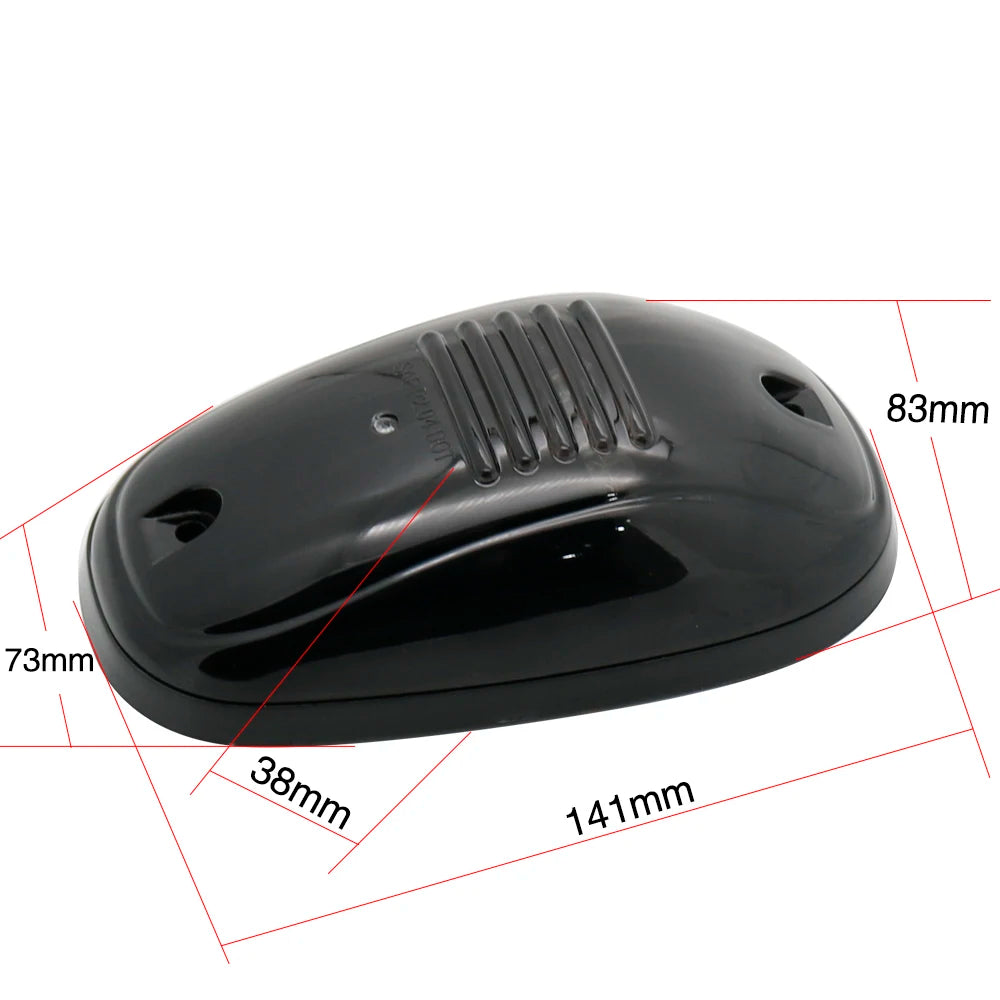 Black LED cab roof marker lights for trucks and SUVs shown with dimensional measurements.