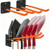 Black heavy-duty garage storage hooks with orange handles for hanging garden tools.