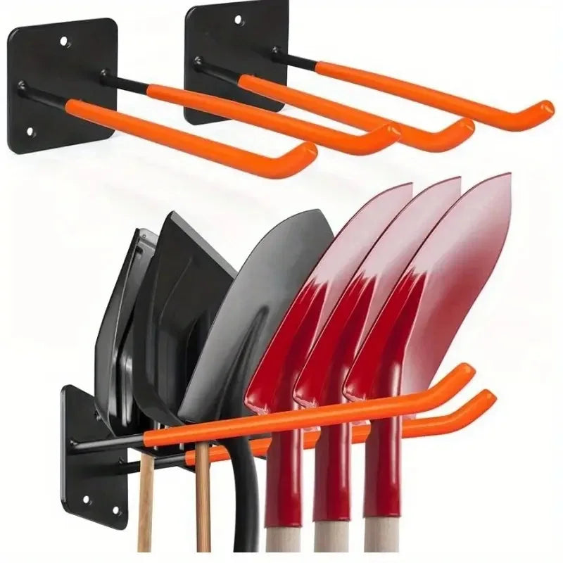 Black heavy-duty garage storage hooks with orange handles for hanging garden tools.