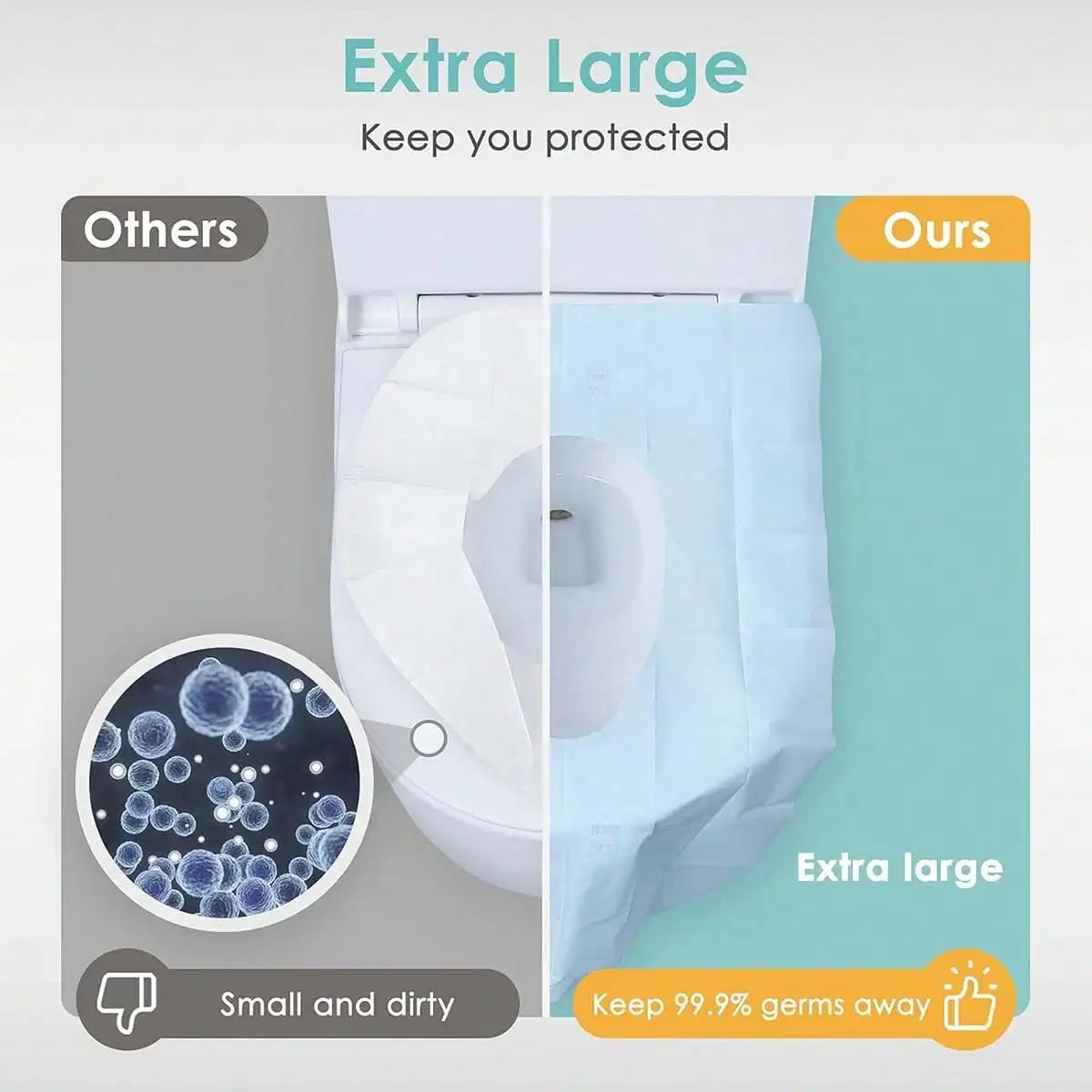 Extra large disposable flushable toilet seat liners shown next to a magnified view of germs and a protective claim.