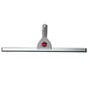 A silver glass cleaning squeegee with a silicone blade and handle.