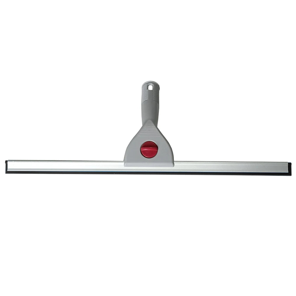 A silver glass cleaning squeegee with a silicone blade and handle.