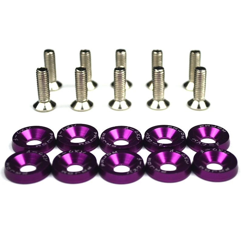 A set of aluminum JDM fender washers and bolts, including various sizes of threaded fasteners.