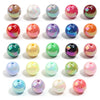 A collection of colorful acrylic round beads in various shades including pink, green, blue, and multicolored patterns.