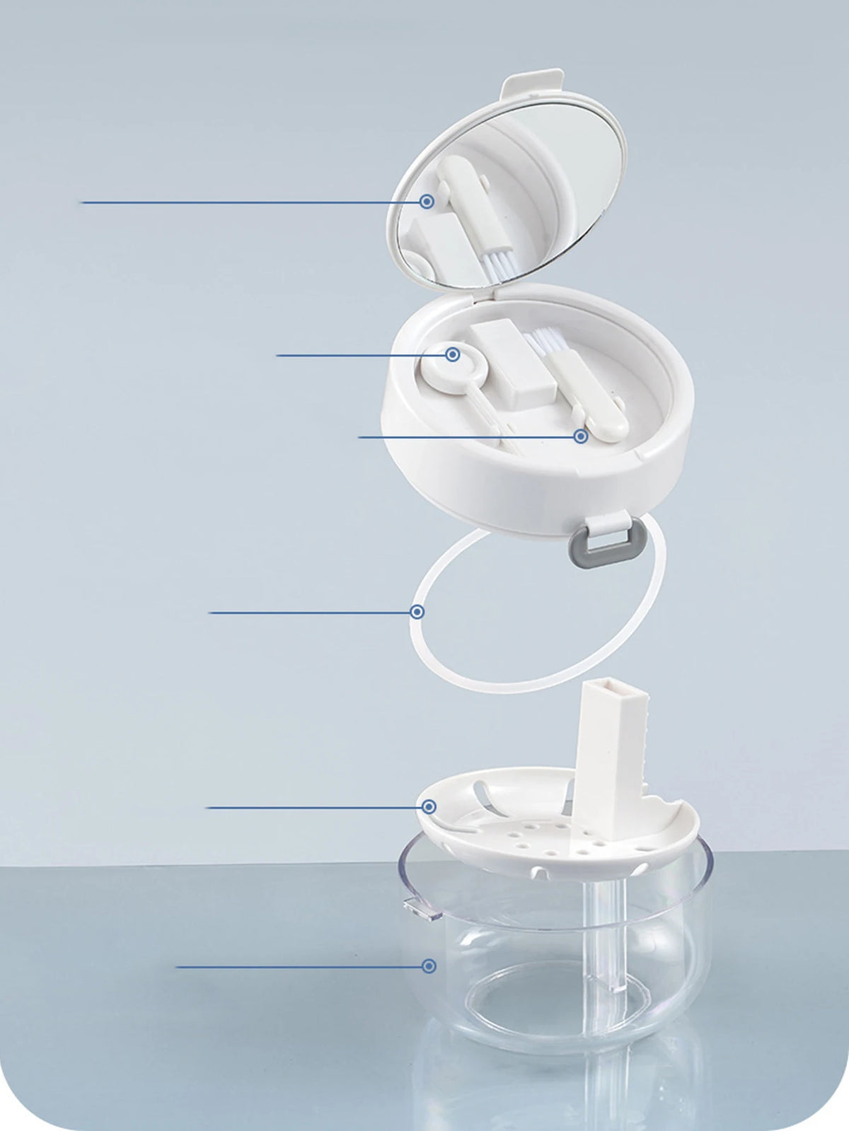 A white portable denture case is shown open, displaying storage compartments for dentures and a cleaning brush.