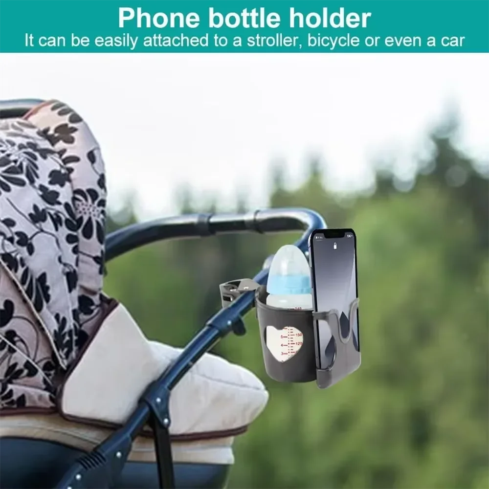 A phone bottle holder is attached to a stroller handlebar, showing the mount holding a smartphone and a bottle.