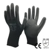 A pair of black breathable PU-coated work gloves with CE certification markings.