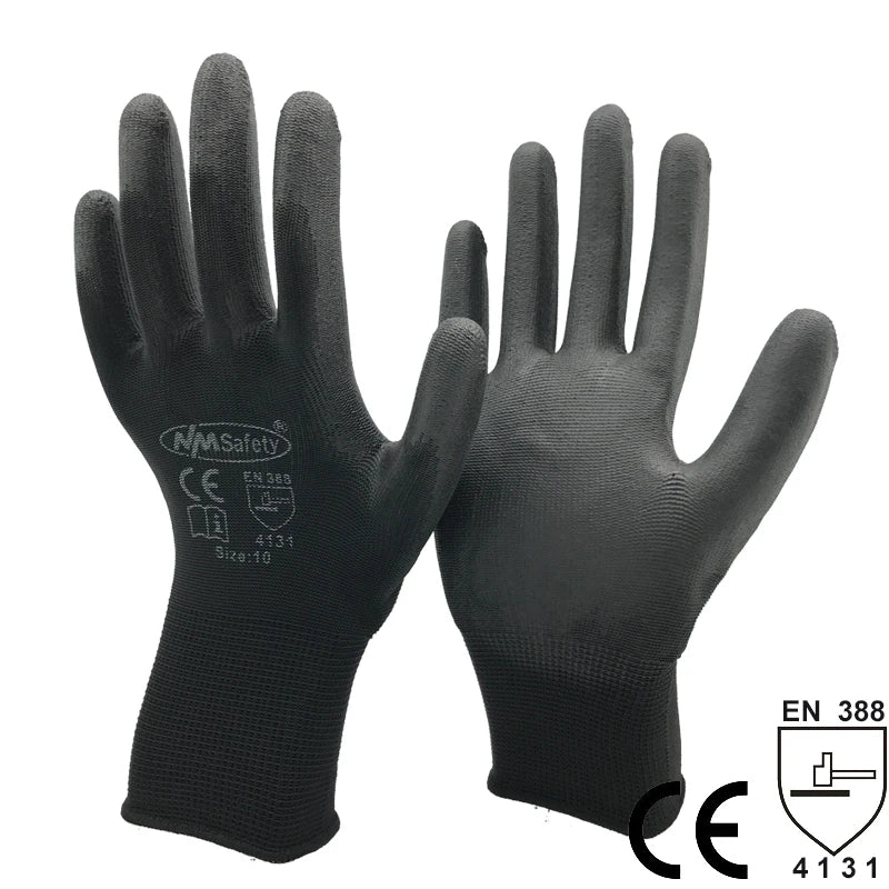 A pair of black breathable PU-coated work gloves with CE certification markings.