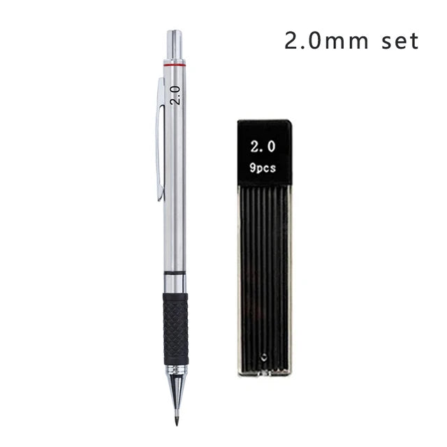 A set of 2.0mm professional metal mechanical pencils with grips and leads.