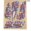 A set of four anti-slip mouse grip tapes featuring geometric patterns in blue, red, black, and white on a beige background.