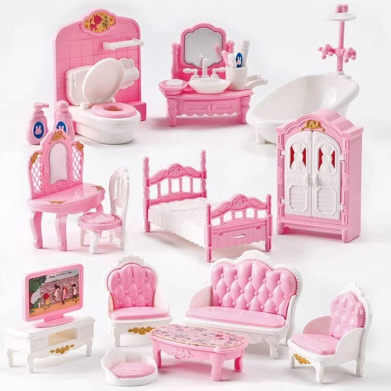 A pink miniature dollhouse furniture set featuring a bed, vanity, chair, and various room pieces.