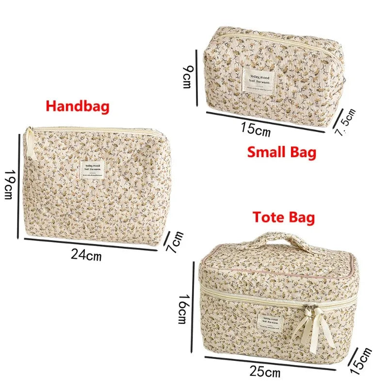 A set of beige vintage floral quilted bags including a handbag, small bag, and tote bag.