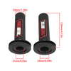 A pair of black motorcycle handlebar grips with vibration dampening, showing dimensions.