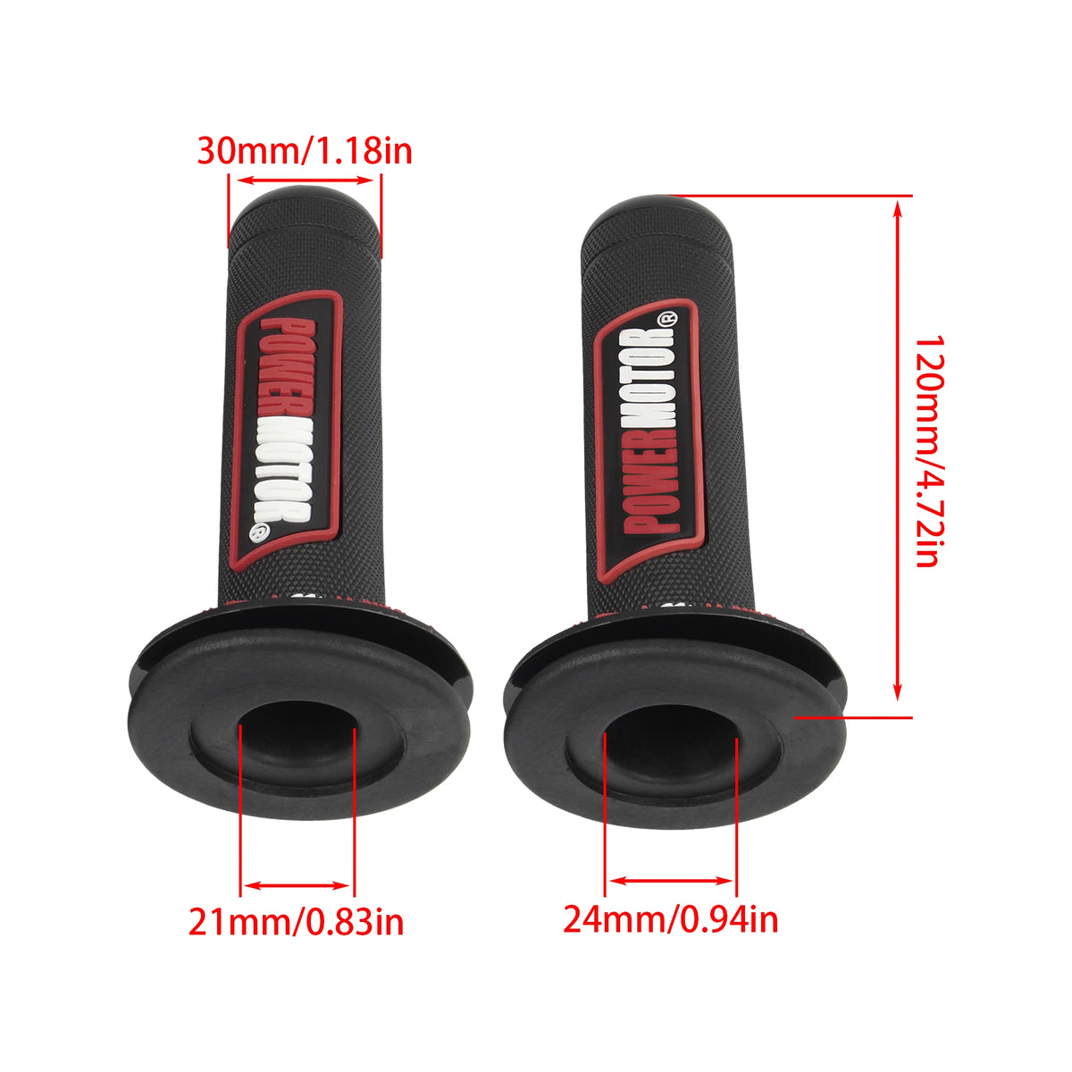 A pair of black motorcycle handlebar grips with vibration dampening, showing dimensions.