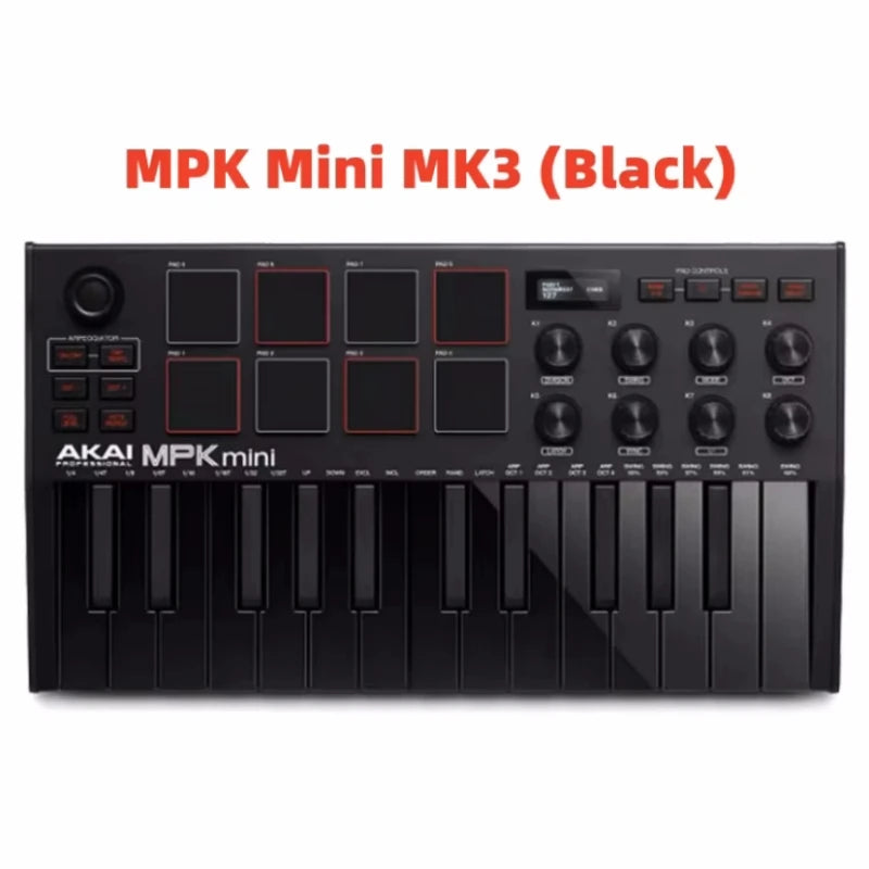 Black AKAI MPK Mini MK3 professional MIDI keyboard controller with keys, pads, and knobs