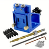 A blue adjustable pocket hole jig kit for woodworking, including a jig, drill bits, and various woodworking tools.