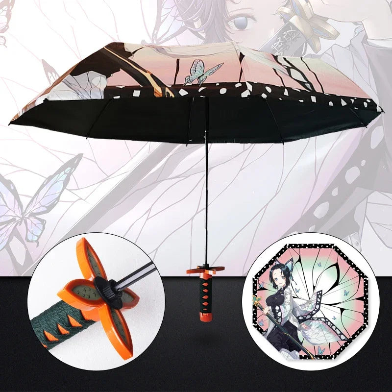 Folding umbrella featuring a Demon Slayer theme with butterfly and sword motifs.