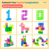 A collection of colorful magnetic building blocks and transparent STEM cubes arranged in various structures.