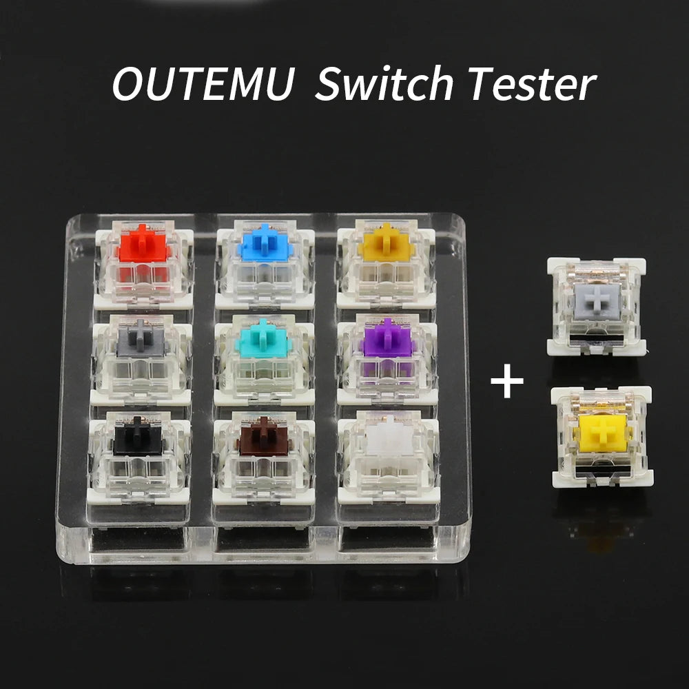 A set of Outemu Switch Testers showing various colored mechanical keyboard switches arranged in compartments.