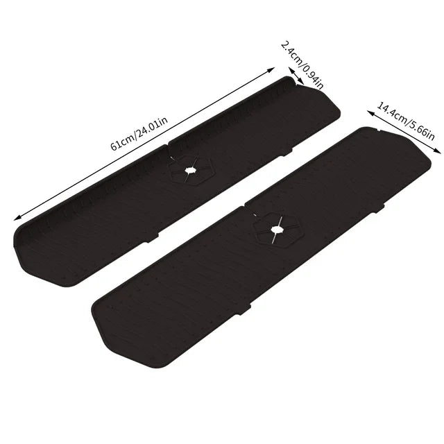 Black silicone faucet mat and sink splash guard shown flat