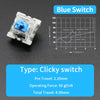 A close-up view of a blue switch labeled as a Clicky switch with specifications for operating force and travel.