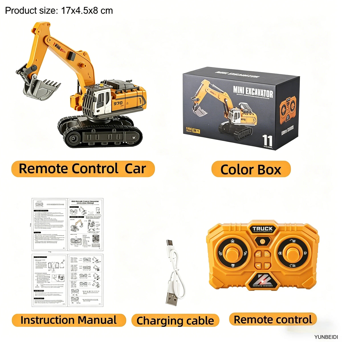 A yellow mini excavator remote control car with an instruction manual and color box.
