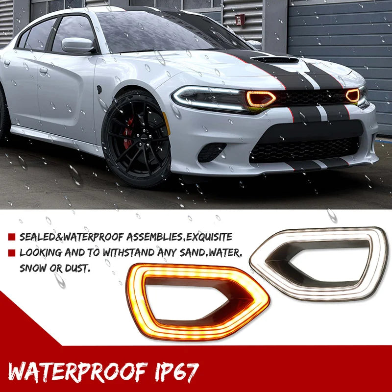 Close-up of a white Dodge Charger grille with aftermarket LED lights installed.