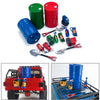 A 1/10 scale RC crawler decoration set featuring a shovel, fire extinguisher, and oil drum mounted on a red vehicle.