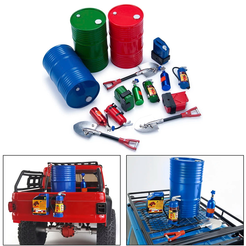 A 1/10 scale RC crawler decoration set featuring a shovel, fire extinguisher, and oil drum mounted on a red vehicle.