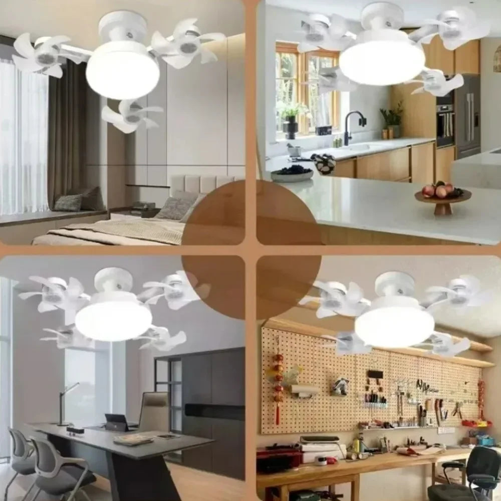 Modern white LED ceiling fan with multiple light heads and remote control features in a kitchen setting.