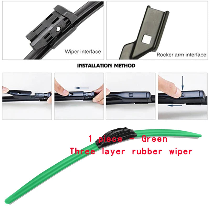 Green three layer rubber wiper blade for installation on a rocker arm interface