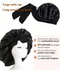 Black satin sleep bonnet shown flat and worn on a mannequin head.