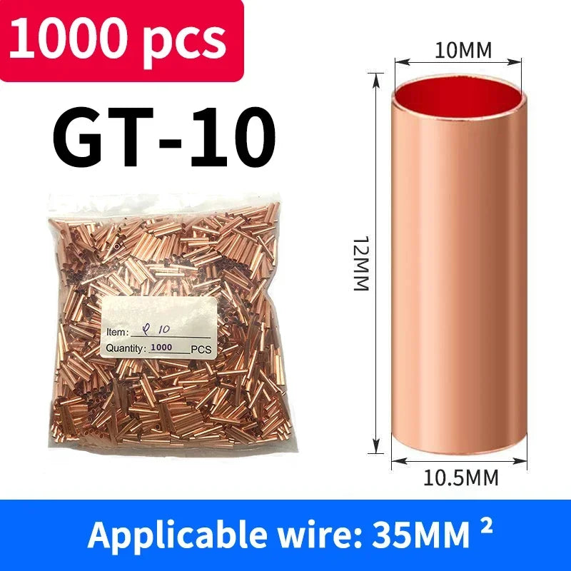 A bag of 1000 gold-colored copper wire rods used for crimping terminals, shown next to a cylindrical metal rod.