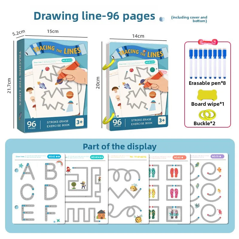 A box of Drawing line 96 pages tracing exercise book for kids with an erasable pen and board wipe