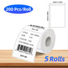 Roll of white thermal label paper with barcode and product details on a wooden surface