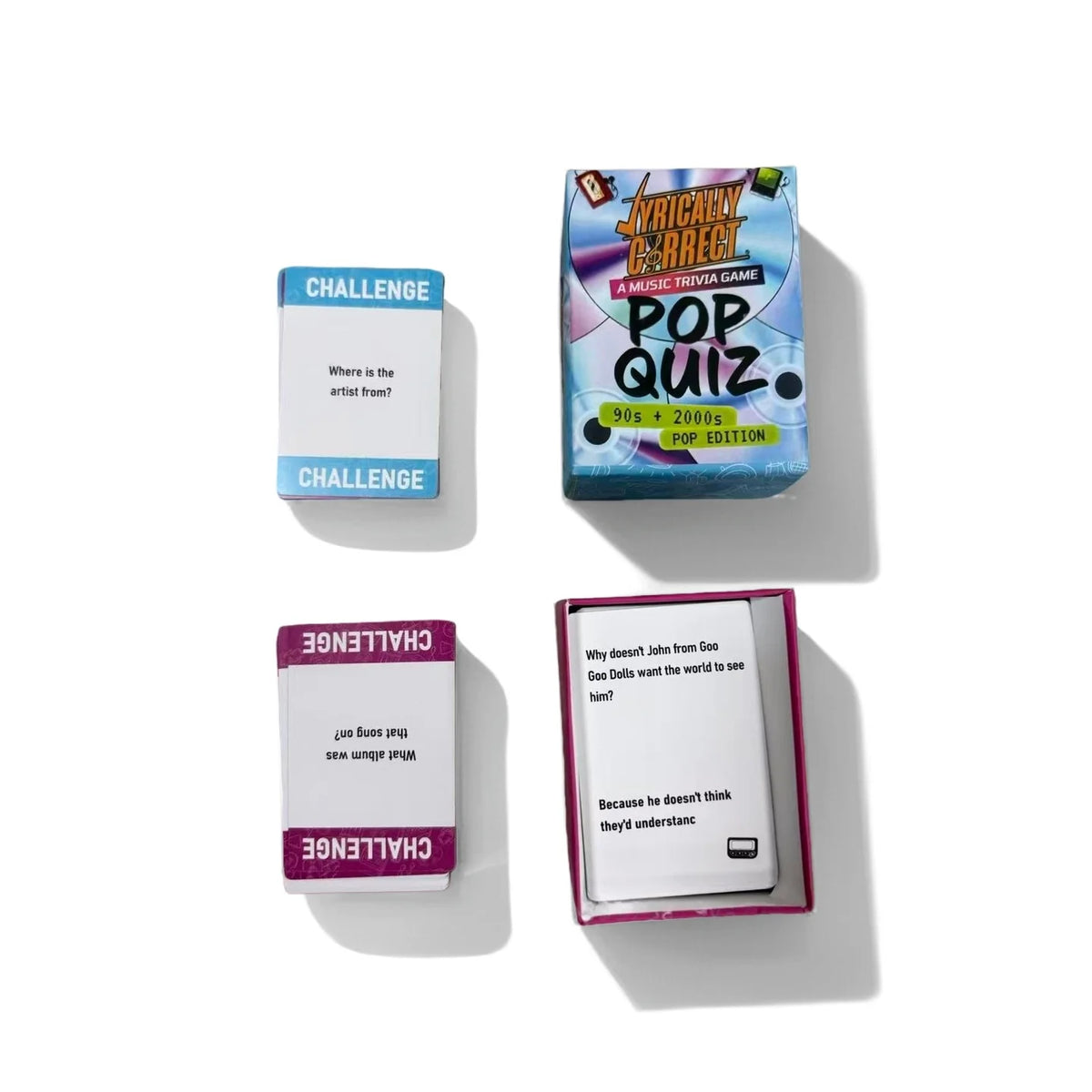A set of challenge cards for a music trivia game featuring pop quiz and lyric challenges.