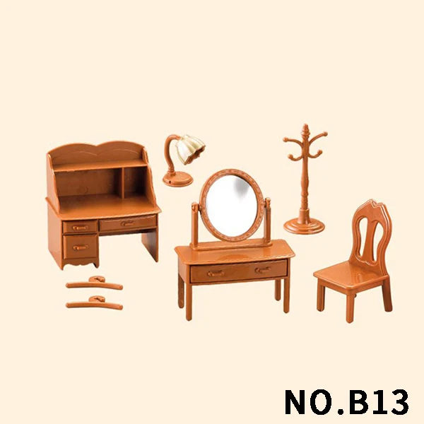 A set of miniature dollhouse furniture including a wooden cabinet, mirror, and chair in a warm brown tone.