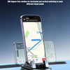 A smartphone is mounted on an anti-slip dashboard mount, demonstrating horizontal and vertical viewing angles.
