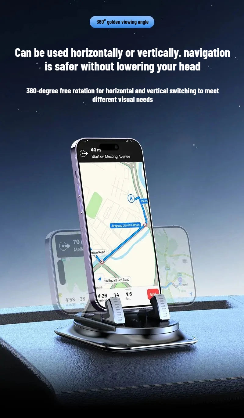 A smartphone is mounted on an anti-slip dashboard mount, demonstrating horizontal and vertical viewing angles.