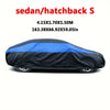 Black and blue car cover for a sedan or hatchback, shown from the side.
